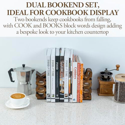 MyGift Rustic Burnt Wood Cook and Books Decorative Bookends, 2 Piece Set | Recipe Display, Freestanding Support, Kitchen Accent, Farmhouse Style, Keeps Books Upright, Decorative Countertop Feature