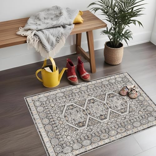 2x3 Area Rug Washable Vintage: Non Slip Throw Rugs for Entryway Floor Black | Oriental Indoor Door Mat for Kitchen Soft Low Pile Thin Small Carpet for Hallway Bedroom Dining Room Home Office Decor - color: Black, size: 2' x 3' (Rectangular)