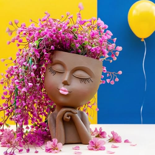 Face Planters Pots Head Planter, Air Plant Holder, Funny Plant Pots, Cute Small Succulent Flower Pot with Drainage for Indoor/Outdoor Plants, Home Garden Gift for Plant Lover, Unique Vase Art Decor 7" - color: Brown