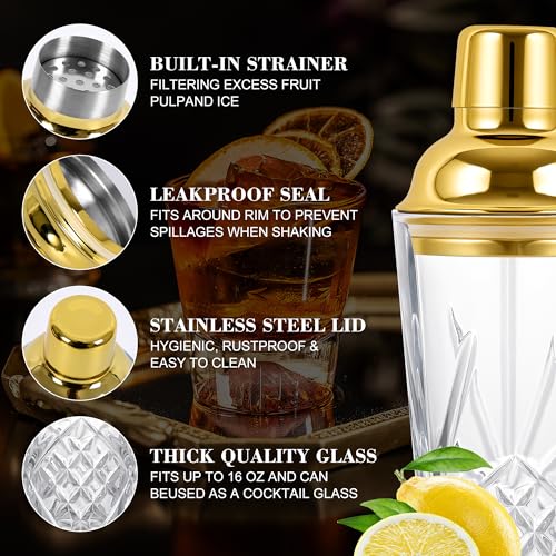 Glass Cocktail Shaker Set with Gold Lid,Cocktail Shaker Glass Kit with Built-in Strainer, Jigger, Bar Spoon & Muddler, Leakproof Glass Shaker for Home Bar, Cocktails, Martini, Gift(4-Piece)