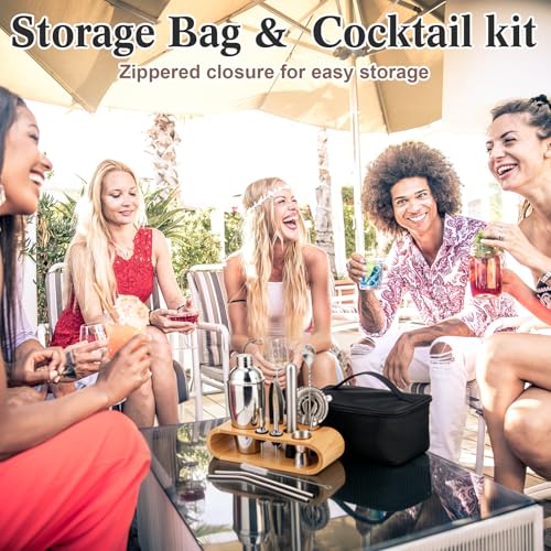 16 Pcs Bartender Kit Bag with Stand Portable Cocktail Shaker Set, 25oz Stainless Steel Barware Kit with Jigger, Strainer, Spoon, Ice Tongs, Gift for Cocktail Lover Travel