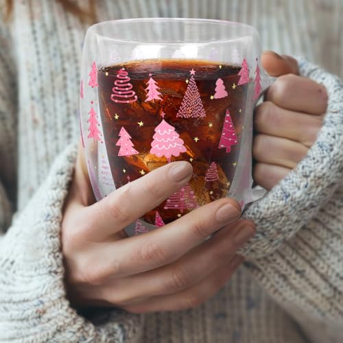 JarThenaAMCS Christmas Double Wall Glass Coffee Mugs 12oz Cute Pink Xmas Tree Insulated Glasses Clear Espresso Cups with Handle for Home Holiday Supplies, Set of 2 - style: Pink Xmas Tree