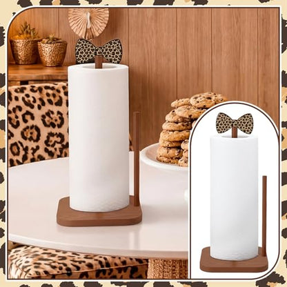Leinuosen Leopard Print Bow Paper Towel Holder Coquettish Cute Bow Wooden Paper Towel Holder Cheetah Print Bathroom Countertop Accessories Kitchen Stand Roll Organizer Standing Apartment Decor Gift - style: Leopard Print Bow
