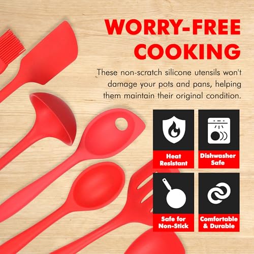 Chef Craft 42077 7 Piece Silicone Kitchen Tool and Utensil Set, Red - color: Red, size: 7 Piece Set