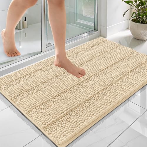 OLANLY Thick Bathroom Rugs 36x24, Soft Chenille Striped Bath Rugs, Beige | Rubber Backing, Machine Wash, Extra Absorbent Bath Mats for Bathroom Floor, Tub and Shower, Home Decor Accessories - color: Beige, size: 36" X 24"