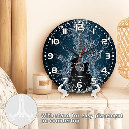 Electric Guitar Wall Clock - 10 Inch Wooden Art Hanging Clock, Silent Non-Ticking, Battery Operated, Round Home Arabic Numeral Decorative - color: Electric Guitar