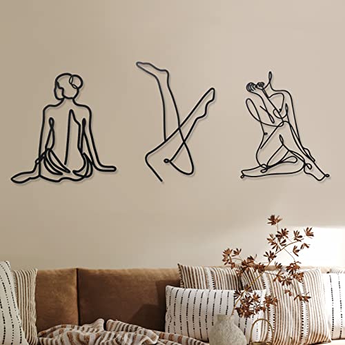 Photect 3 Pcs Metal Wall Art Decor Minimalist Abstract Woman Wall Art Metal Modern Line Drawing Decor Female Single Line Home Hanging for Bedroom Bathroom Living Room Housewarming(Fresh,Black) - color: Black, style: Fresh