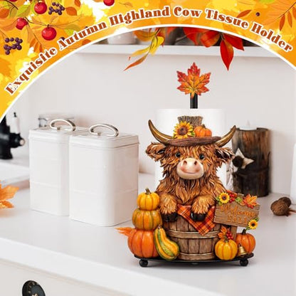 Highland Cow Fall Paper Towel Holder with Round Base Fall Bathroom Decor Rustic Highland Cow Dispenser Kitchen Paper Holder Stand for Countertop Toilet Home Accessories - style: Fall
