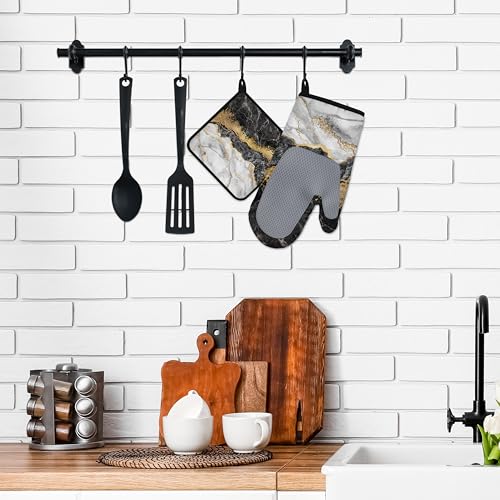 Black Gold Oven Mitts and Pot Holders Sets Marble Kitchen Accessories of 4 Heat Resistant Oven Gloves Hot Pads with Non-Slip Silicone Surface for Chef Cooking Baking - color: Black & Gold