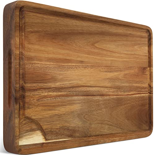 Large Acacia Wood Cutting Board for Kitchen 17x12x1.5 with 3 Compartments, Handles & Juice Groove, Non-Slip Mats, Thick Heavy Duty Butcher Block Charcuterie Board (Gift Box Included) - size: 17"L x 12"W