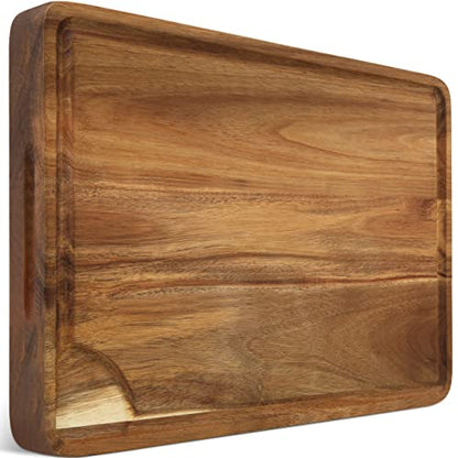 Large Acacia Wood Cutting Board for Kitchen 17x12x1.5 with 3 Compartments, Handles & Juice Groove, Non-Slip Mats, Thick Heavy Duty Butcher Block Charcuterie Board (Gift Box Included) - size: 17"L x 12"W