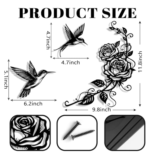 Pinetree Art Flowers and Birds Metal Wall Art Black Hummingbird Rose Set of 3 for Modern Farmhouse Living Room Bedroom Bathroom Kitchen Home Office DIY Decoration