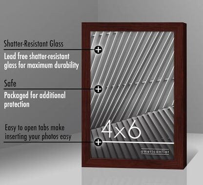Americanflat 4x6 Picture Frame with Shatter-Resistant Glass - Streamline Collection - Thin Border Photo Frame for Tabletop and Wall Display - Hanging Hardware and Easel Stand Included - Mahogany | Shatter-resistant glass, wall or tabletop display with inc