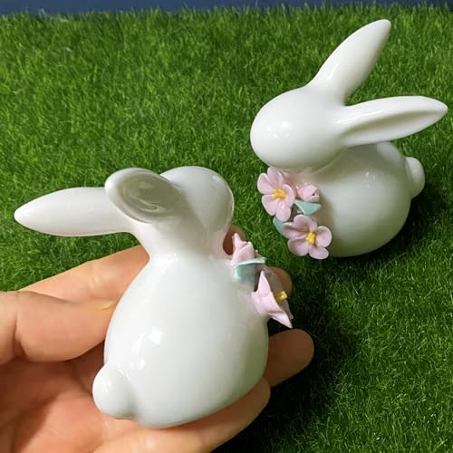 Set of Mini Ceramic Rabbit Figurines, Porcelain Easter Bunny Decorations for Home, Tabletop Ornament, Tea Ceremony Pet (2-Flower)