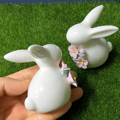 Set of Mini Ceramic Rabbit Figurines, Porcelain Easter Bunny Decorations for Home, Tabletop Ornament, Tea Ceremony Pet (2-Flower)