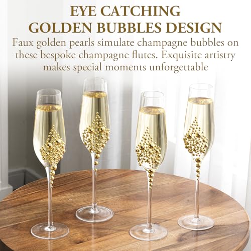 MyGift Champagne Flutes 6 oz, Clear Glass Stemmed Toasting Glasses with Faux Gold Pearls – Wedding, Bridal Shower & Bachelorette Party Glassware Set of 4 - color: Gold
