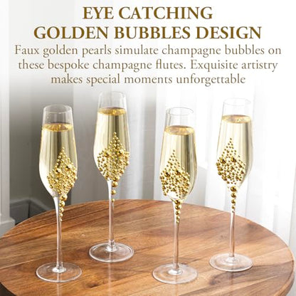 MyGift Champagne Flutes 6 oz, Clear Glass Stemmed Toasting Glasses with Faux Gold Pearls – Wedding, Bridal Shower & Bachelorette Party Glassware Set of 4 - color: Gold