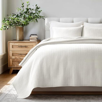 100% Cotton Modern Grid Stitch Quilt Set, King Size, Bright White | Pre-Washed Cotton Coverlet Bedspread, Oversized Lightweight 3-Piece Bedding Set for All Season, with 2 Pillow Shams - color: Bright White, size: King (110" X 94")