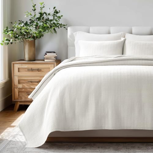 100% Cotton Modern Grid Stitch Quilt Set, King Size, Bright White | Pre-Washed Cotton Coverlet Bedspread, Oversized Lightweight 3-Piece Bedding Set for All Season, with 2 Pillow Shams - color: Bright White, size: King (110" X 94")