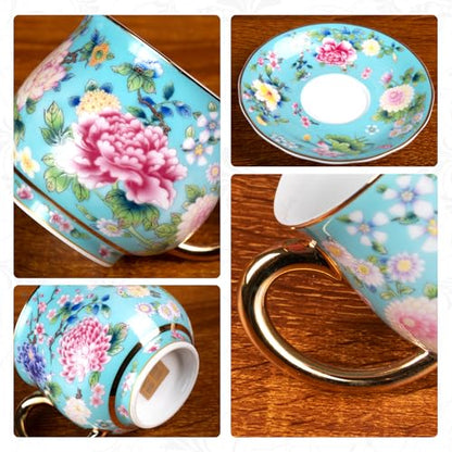 KAMMAK Tea Cup and Saucer, Ceramic Coffee Cups, 7.1 oz, Set of 2 | Porcelain Tea Cups with Saucers for Coffee and Cappuccino, Ideal for Breakfast, Afternoon Tea and Entertaining,940+941N - style: 940N+941N