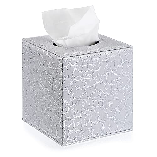Sumnacon Square Tissue Box Cover with Magnetic Bottom,PU Tissue Box Holder | Waterproof Cube Tissue Box Covers, Decorative Tissue Box for Vanity Toilet Tank Dresser Night Stand Table Office Car，Silver - color: Silver