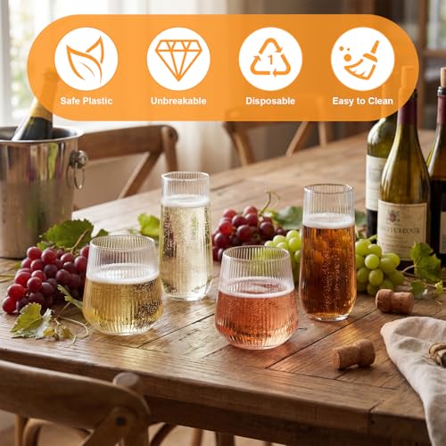 Remerry 48 Pack Stemless Plastic Wine Glasses 9 oz & 12 oz Disposable Champagne Flutes Cups Shatterproof Toasting Cocktail Glasses for Weddings, Bars, Events(Clear Ripple) - style: Clear Ripple