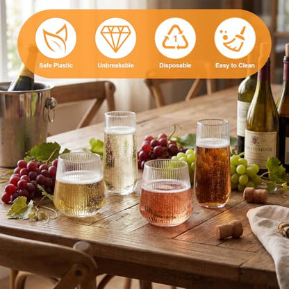 Remerry 48 Pack Stemless Plastic Wine Glasses 9 oz & 12 oz Disposable Champagne Flutes Cups Shatterproof Toasting Cocktail Glasses for Weddings, Bars, Events(Clear Ripple) - style: Clear Ripple