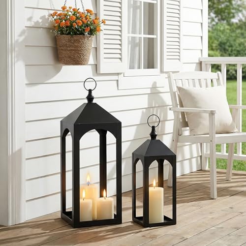 17 Inch Black Metal Outdoor Lantern with Hanging Ring Modern | Farmhouse Candle Lanterns for Porch Patio Fireplace Tabletop Decor No Glass Panel - size: 17Inch