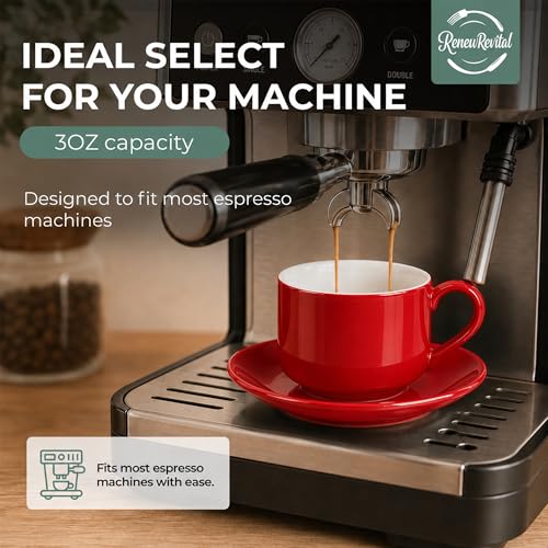 3 Ounce Espresso Cups Set of 4, Red | Stackable Demitasse Mugs, Includes Display Stand, Cups Saucers, and Spoons, for Machines & Home Use - color: Red