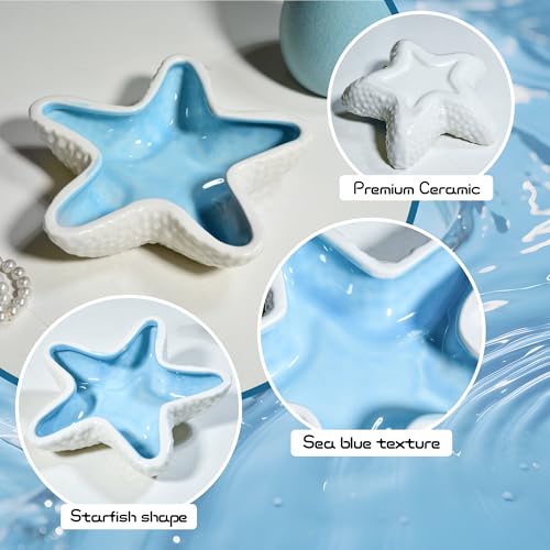 Starfish Ceramic Jewelry Trinket Tray, Blue White Decorative Ring Holder Dish for Rings, Earrings, Necklaces, Bracelets, Watches, Keys - style: Starfish