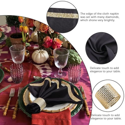 12 Pack Cloth Napkins and Gold Napkin Rings Set of 6, 17x17 Bling Trim Satin Cocktail Napkins Cloth Washable Personalized Dinner Napkins for Wedding Party Holiday Decorative | 17x17 Inch Personalized Black Napkins Set, Washable Fancy Dinner & Cocktail Nap