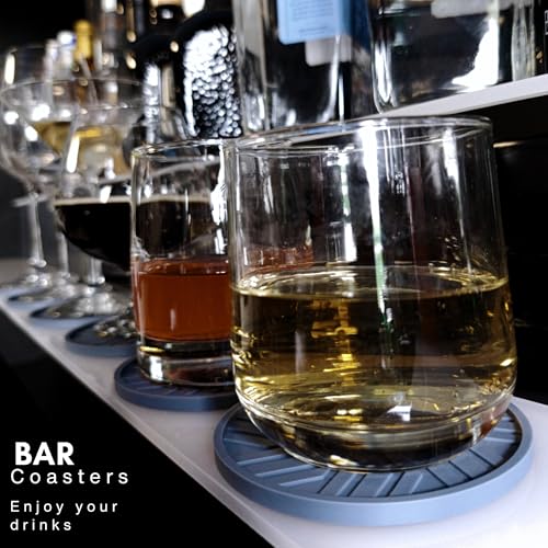 Silicone Coasters Set of 6 & Gold Holder with smart Modern Groove Patterns - Blue Gray - color: Dusty Blue