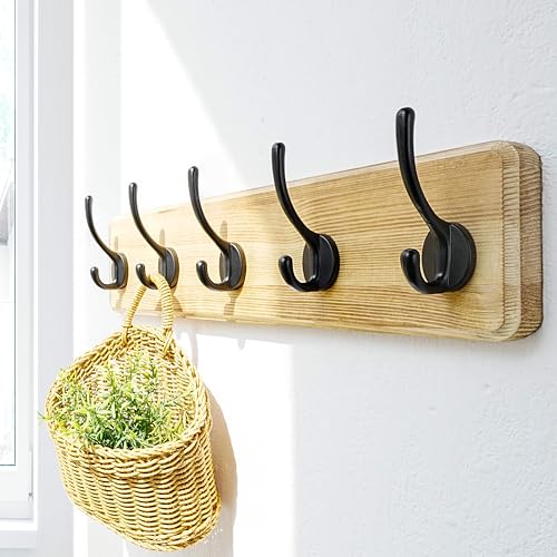 Coat Rack Wall: Patented, Heavy-Duty, 5-Double-Hooks Wooden Wall Mounted Coat Rack Coat Hanger Hook Rail for Winter Coats Hat Jacket Clothing, Light Brown - color: Light Brown & Black, size: L=17.4" (1pcs)