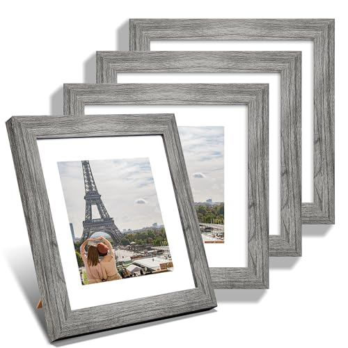 Hongkee 8x8 Picture Frames Set of 4, Made of Glass and Grey Wooden Frame - Display Picture 6x6 with Mat or 8 x 8 Without Mat, 8 by 8 Photo for Wall or Tabletop - color: Grey, size: 8x8 in