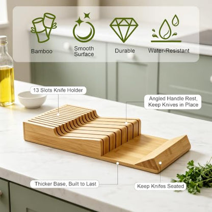 Bamboo Kitchen Drawer Knife Block, In drawer Knife Holder, Knife Drawer Organizer fit for 13 knives | Compact design,13 Slots, Thicker Base Board, Drawer Holder Storage For Steak, Paring, Bread Knives - size: 13 Slots Knife Holder