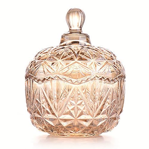 Amber Crystal Glass Candy Snack Jar Fall Candy Dish Embossed Luxury Cookie Buffet Canister With Lid Jewelry Box - color: Crown-Amber