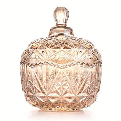 Amber Crystal Glass Candy Snack Jar Fall Candy Dish Embossed Luxury Cookie Buffet Canister With Lid Jewelry Box - color: Crown-Amber