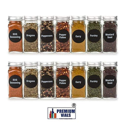 4oz, BEST VALUE 14 Glass Spice Jars includes pre-printed 113 CLEAR PVC labels & round 126 CHALKBOARD labels. 14 Square Empty Jars, Airtight Cap, kitchen Funnel Pour/Sift Shakers
