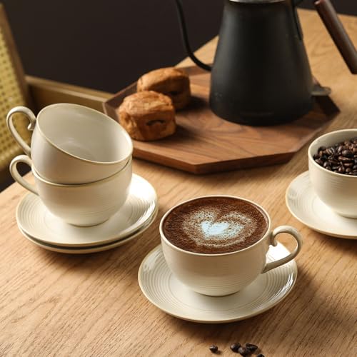 12Oz Coffee Cups with Saucers, Ceramic Espresso Cup Set of 4, Cappuccino Cups Set, Tea Mugs and Saucer, Microwave Dishwasher Safe Drinkware for Home, Cafe, Housewarming Gifts - color: B - 12oz