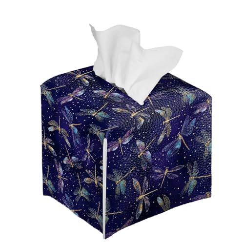 Dragonfly Leather Tissue Box Cover with Bottom Strap Foldable Tissues Cube Easy to Clean Case for Bathroom Living Room Office Desk Tabletop - color: Dragonfly