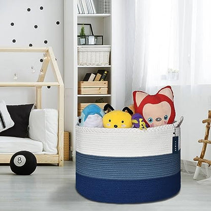 COMSE XXXLarge Woven Blanket & Laundry Basket, 87L, White & Blue | 21.7" x 13.8", Cotton Rope, Nursery Hamper for Storage of Toys Clothes Towels, Ideal for Living Room Bedroom Bathroom - color: White & Cadet Blue & Navy Blue
