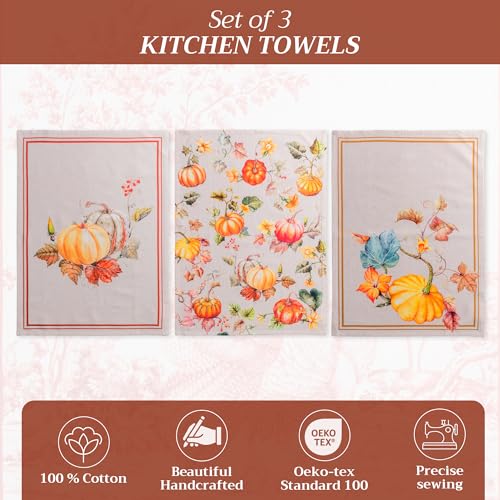 Maison d' Hermine Kitchen Towels Set of 3 Reusable 100% Cotton 27.50" x 20" | Cloth Tea Dish Towels Absorbent with Hanging Loop for Kitchen Dining Party Hotel Home Thanksgiving Christmas - Potiron - color: 037 - Potiron
