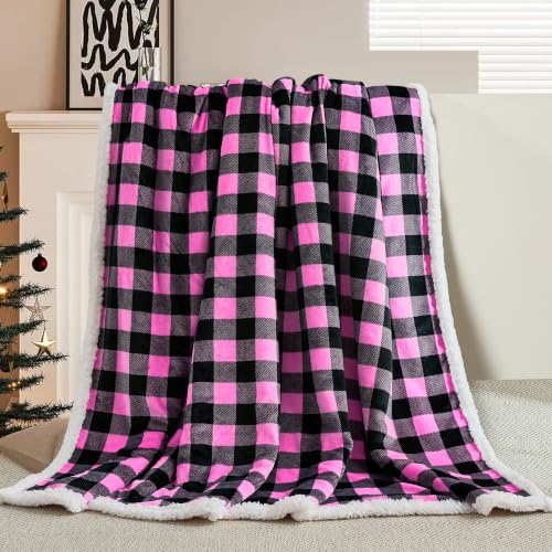 BEAUTEX Christmas Sherpa Fleece Twin Blanket Soft Warm Buffalo Plaid | Plush Blanket & Throw, Winter Cozy Fuzzy for Couch, Sofa, Bed (Pink, 60" x 80") - color: Pink, size: Twin-60"x80"