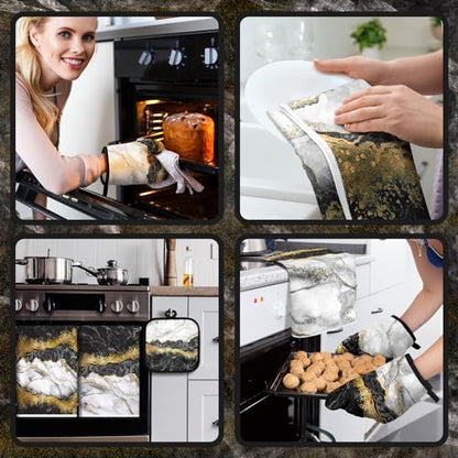 Sratte 6 Pcs Farmhouse Marble Kitchen Towels Pot Holders Oven Mitts Set 2 Dish Towels 2 Potholders 2 Cooking Mittens Oven Glove for Cooking Baking Grilling Supply (Black, Gold) - color: Black, Gold