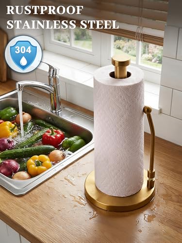 SMARTAKE Paper Towel Holder Countertop, Non-Slip Weighted Base, Gold | Freestanding Kitchen Roll Dispenser, Rustproof Stainless Steel, Spring Arm for Easy Tear, Widden Top, with 4 Suction Cups - color: 03-gold