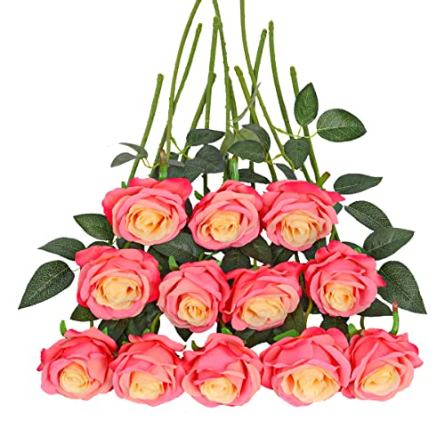 Tifuly 12Pcs Roses Realistic Long Stem Fake Silk Artificial Flowers Pink | 12 pcs Realistic Single Long Stem Fake Silk Roses Bouquet for Party Home Wedding Centerpiece Office DIY Decor ﻿ - color: Gradient Pink