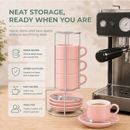 3 Ounce Espresso Cups Set of 4, Pink | Stackable Demitasse Mugs, Includes Display Stand, Cups Saucers, and Spoons, for Machines & Home Use - color: Pink