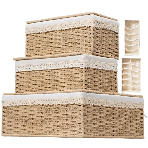 Nonam Large Basket with Lid set of 3, Rattan Divided Baskets Organizer for Shelf, Natural Wicker Storage Basket Bins for Closet, Boho Shelf Decor Covered Basket Home Storage Container - color: Divided Paper * Set of 3