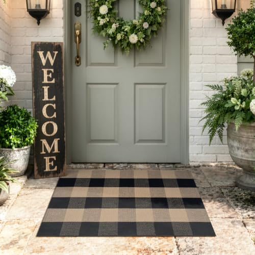 Uphome Bufflo Plaid Outdoor Rug 2'x3', Small Black Natural Checkered Front Door Mat for Fall Decor, Indoor Outdoor Farmhouse Cotton Porch Rug for Layered Door Mats, Washable Area Rugs for Entryway - color: Black Natural, size: 2'x3'