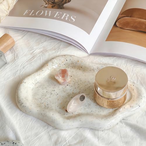 Jewelry Dish Trinket Tray for Women, Ring Dish Holder, Unique Cloud Shape Ceramic Plate Cute Things Vanity Aesthetic Room Decor Mother's Day Birthday Gifts (Marble Beige) - color: Marble Beige